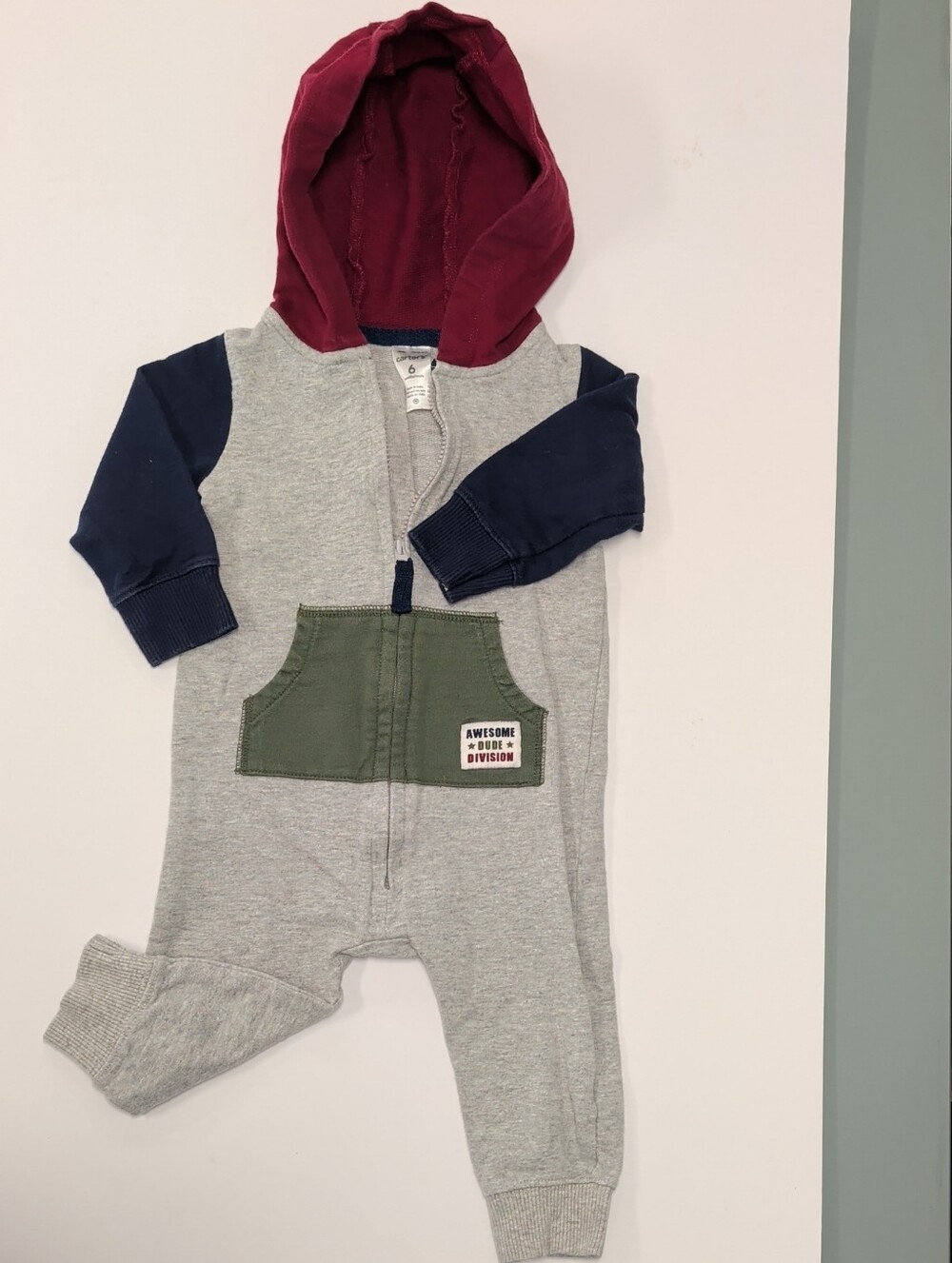 Carter's Grey Romper with Maroon Hood and Navy Trim